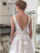 A-Line V-Neck Backless Sweep Train Ivory Wedding Dress with Appliques PDR20