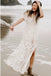 A-Line V-Neck Short Sleeves Bohemian Lace Beach Wedding Dress with Split PDR37