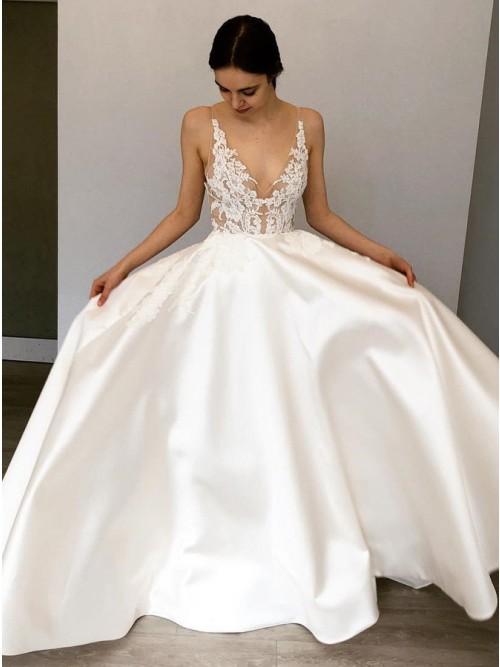 A-Line Deep V-Neck Floor-Length Satin Wedding Dress with Lace Appliques PDR42