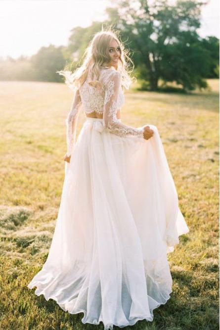 Two Piece Long Sleeves Chiffon Beach Wedding Dress With Lace PDR75