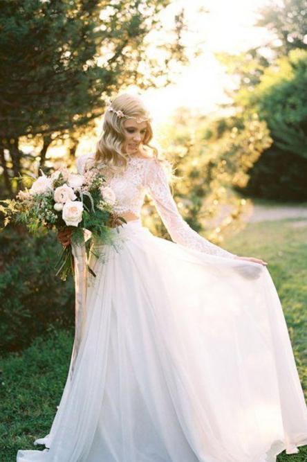 Two Piece Long Sleeves Chiffon Beach Wedding Dress With Lace PDR75