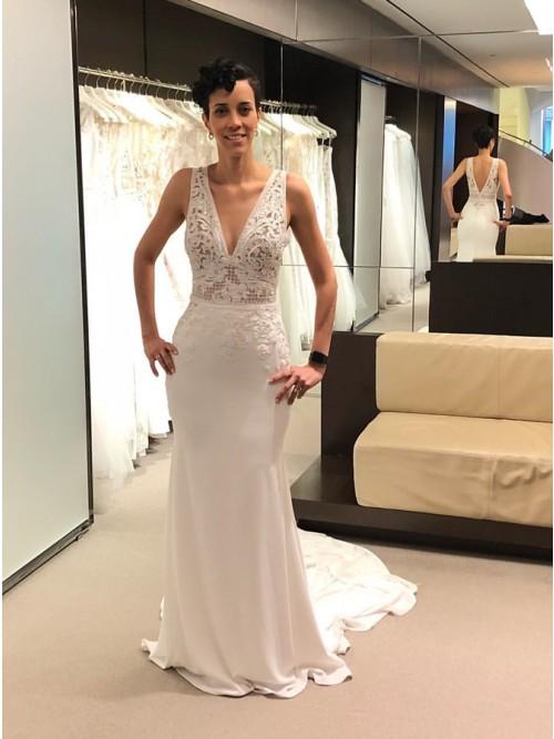 Mermaid V-Neck Backless Court Train Ivory Wedding Dress with Lace PDL10