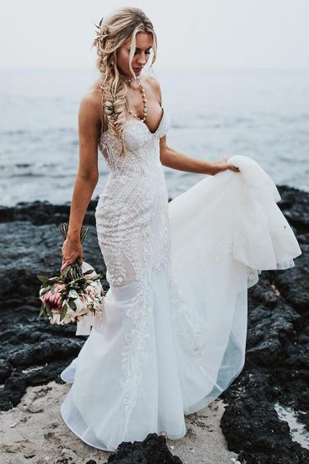 Mermaid Sweetheart Sweep Train Elegant Wedding Dress with Lace Appliques PDR77