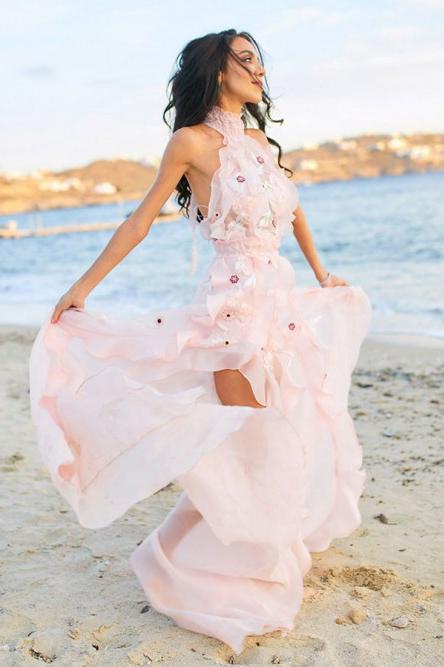 A-Line Halter Backless Light Pink Chiffon Beach Wedding Dress with Appliques Ruffles PDR83