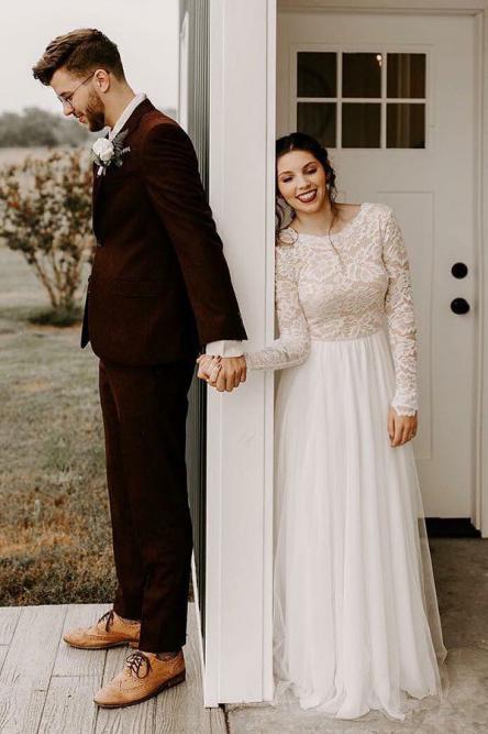 A-Line Round Neck Long Sleeves Backless Boho Wedding Dress with Lace PDS31