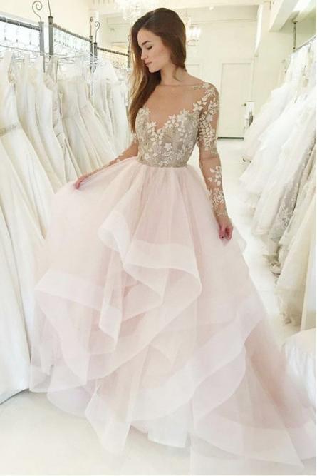 Princess A-Line Bateau Long Sleeves Pink Wedding Dress with Appliques PDS34
