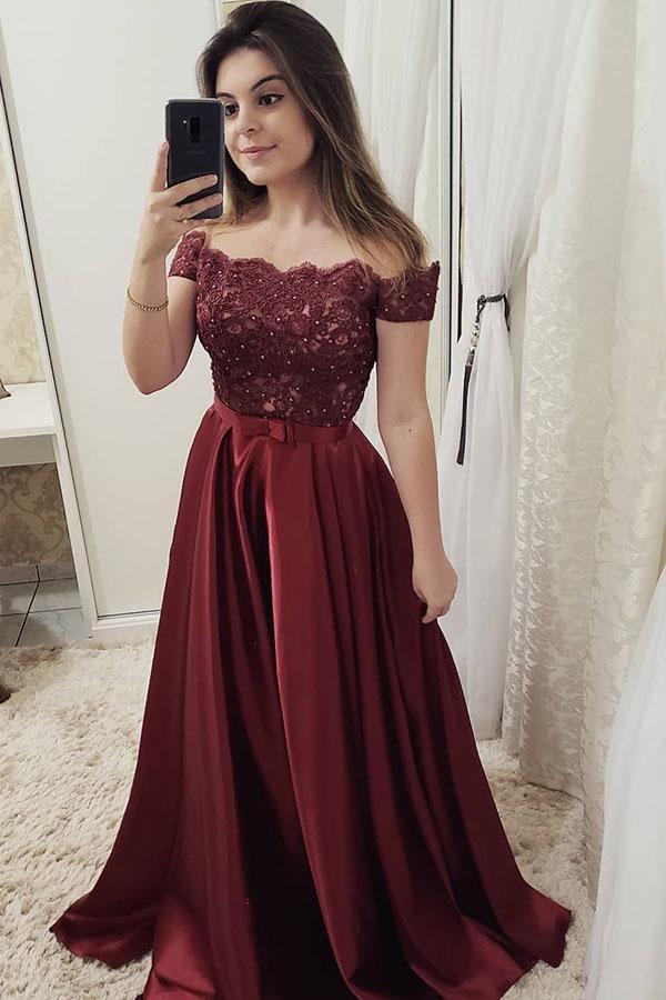 Burgundy Off Shoulder A Line Prom Dress, Lace Top Cheap Evening Gown PDJ68