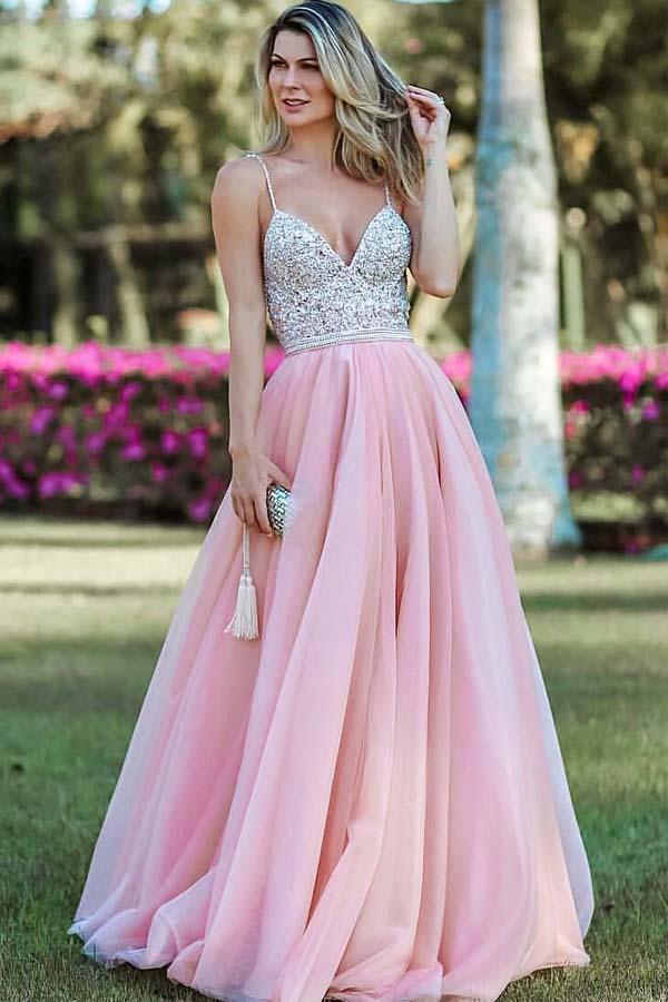 Pink A Line Spaghetti Strap Prom Dresses, Backless Beaded Evening Dress PDJ59