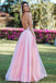 Pink A Line Spaghetti Strap Prom Dresses, Backless Beaded Evening Dress PDJ59