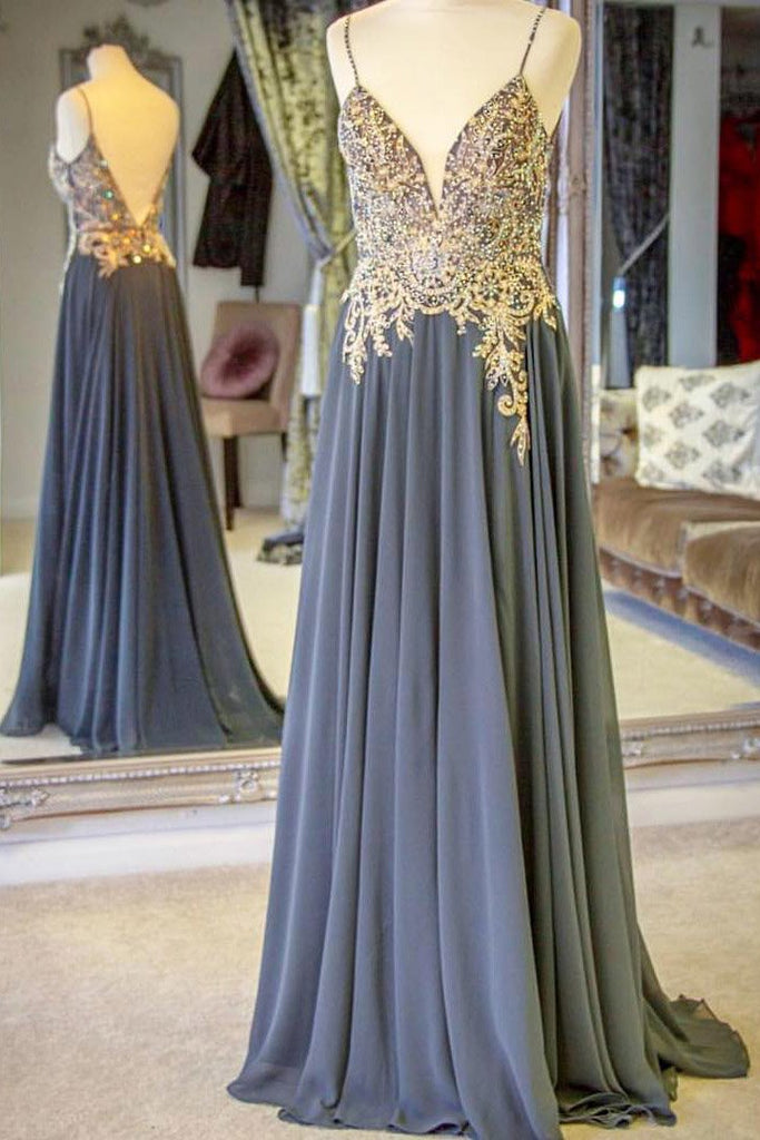 Beaded Chiffon Spaghetti Straps Long Prom Dresses With Appliques PDJ73