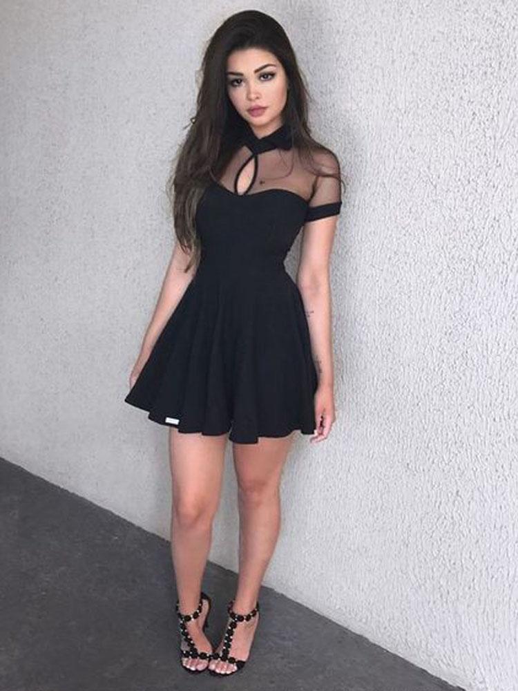 Cute A Line Short Sleeves Black Homecoming Dresses, Little Black Dresses PPD65