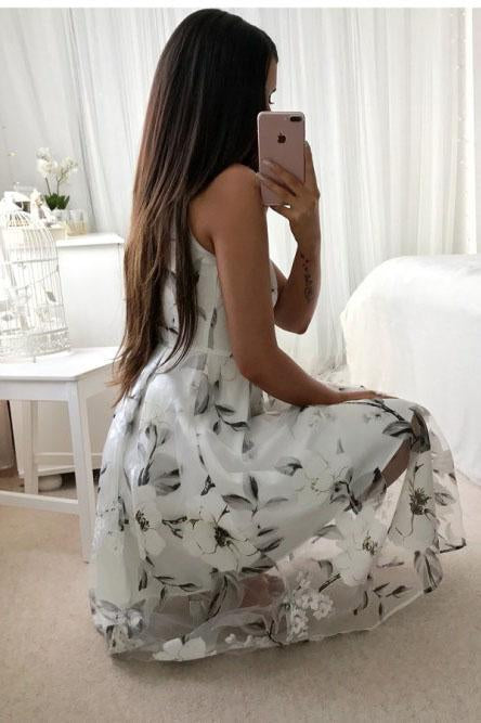 A-Line V-Neck Printed Tea Length Prom Dress with Pleats PDL40