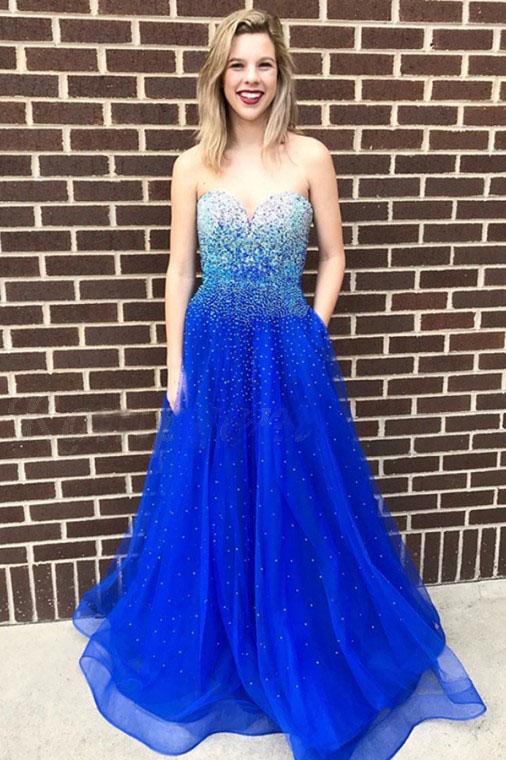 A-Line Sweetheart Floor-Length Royal Blue Prom Dress with Beading Pockets PDQ93
