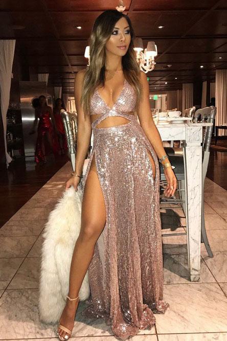 Sexy Sequins Long  Prom Dresses With Slit, Cheap Party Dress PDL32