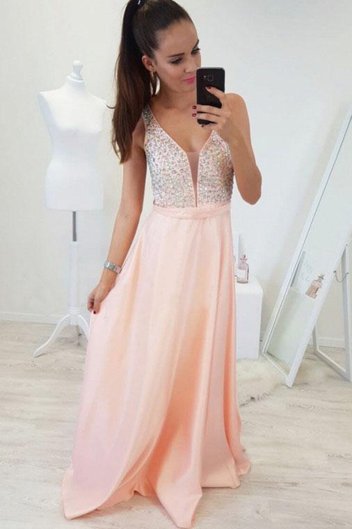 A-Line V-Neck Floor-Length Pearl Pink Prom Dress with Beading PDR6