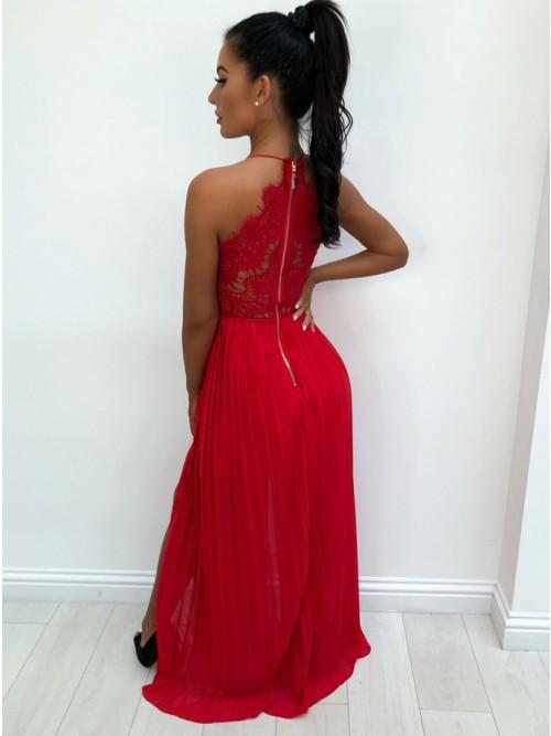 A-Line Spaghetti Straps Red Chiffon Prom Dresses with Lace Split PDL33