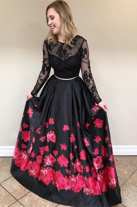 Two Piece Crew Long Sleeves Black Floral Printed Prom Dress with Lace PDL34