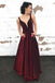 A-Line V-Neck Long Burgundy Prom Dress with Pockets Floral Appliques PDQ90