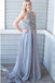 Charming A-Line Crew Sweep Train Grey Chiffon Prom Dress with Beading PDL42