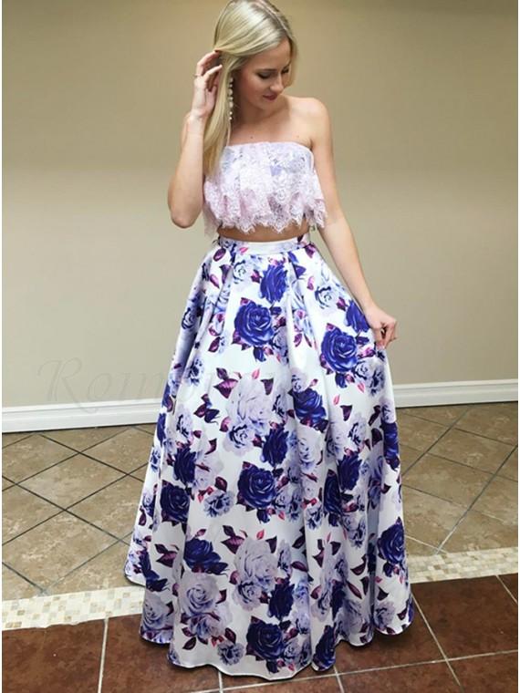 Two Piece Strapless Floor-Length Floral Printed Prom Dress with Lace Top PDQ97