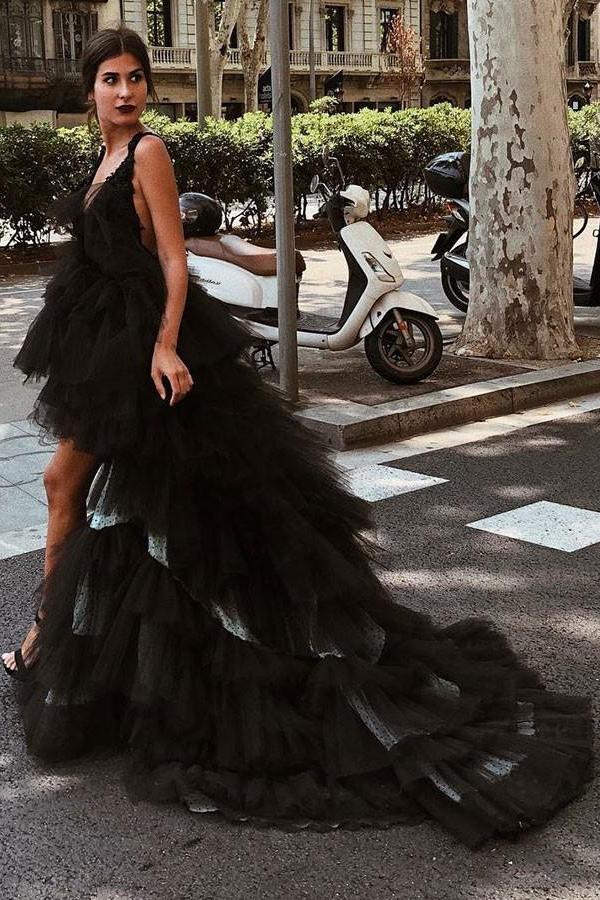 Beautiful A-Line V-Neck High Low Backless Black Tulle Prom Dresses PDG98