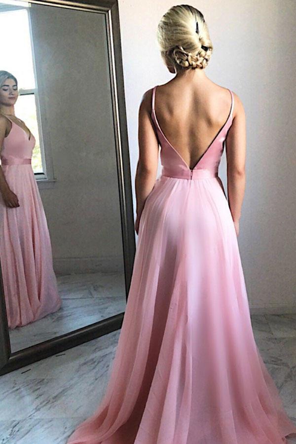 Flowing A-Line V-Neck Backless Pink Chiffon Long Prom Party Dress PDF28