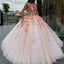 Jewel Tulle Long Cap Sleeves Ball Gown Prom Dress with Flower Appliques PDH10
