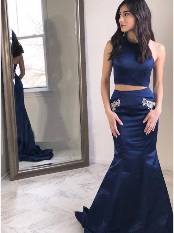 Two Piece Halter Backless Mermaid Navy Blue Prom Dress with Beading Pockets PDR9