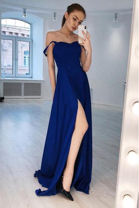 A-Line Straps Floor-Length Royal Blue Prom Dress with Split PDN28