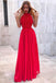 A-Line Jewel Floor-Length Red Chiffon Long Prom Party Dress with Ruffles PDP5