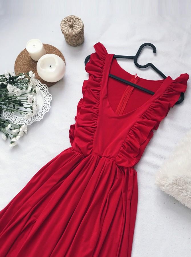 A-Line V-Neck Floor-Length Red Prom Dress with Split Ruffles PDL84