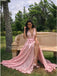 A-Line V-Neck Sweep Train Pink Lace Prom Dress with Split PDP10