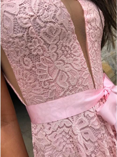 A-Line V-Neck Sweep Train Pink Lace Prom Dress with Split PDP10