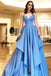 Simple A-Line Spaghetti Straps Blue Satin Tiered Prom Dress PDL83