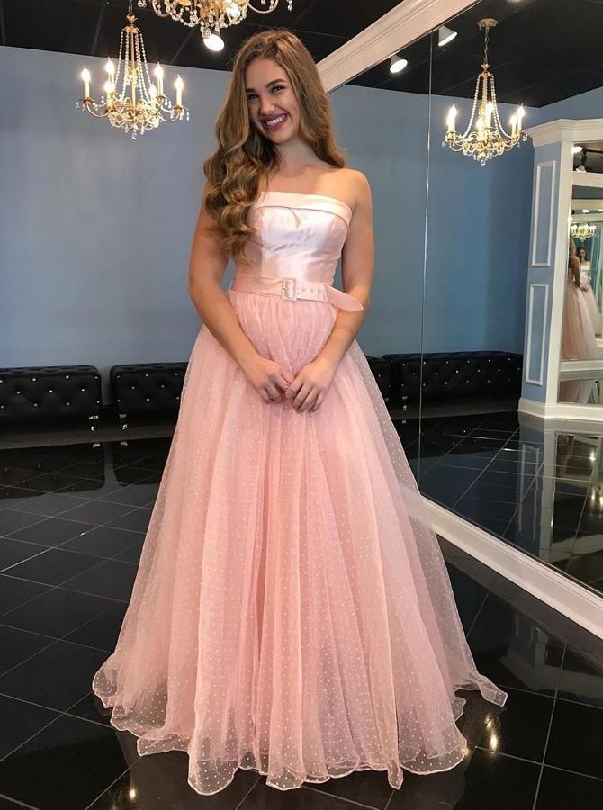 A-Line Strapless Floor-Length Pink Tulle Prom Dress with Belt PDL67