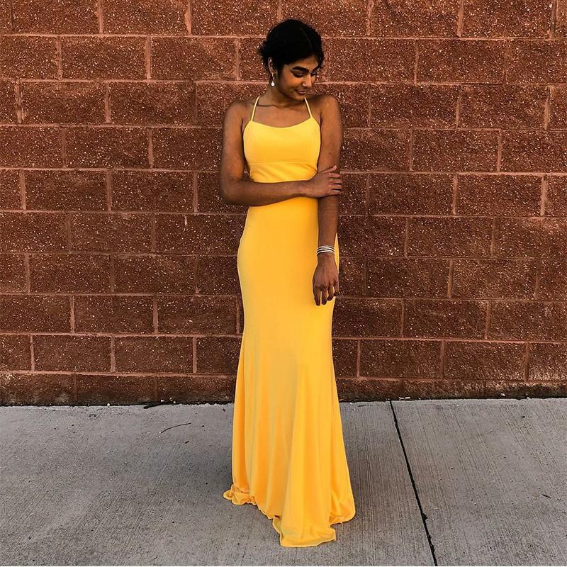 Mermaid Spaghetti Straps Floor-Length Yellow Sexy Prom Dress PDQ67