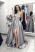 One Shoulder Long Grey Prom Dress with Split Lace Appliques Evening Dress PDH40