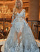 Detachable V-Neck Long Sleeve Prom Dress with Lace Appliques Light Blue Evening Gown PDH28