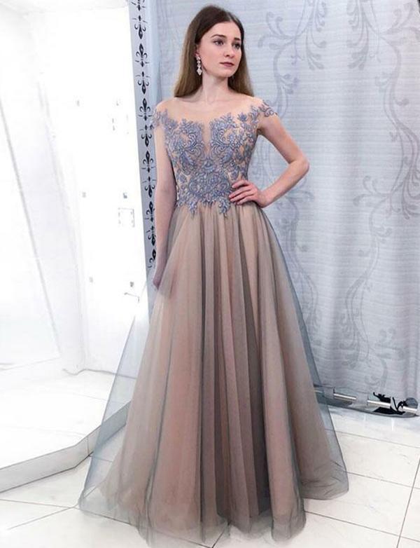 Cap Sleeves Bateau Long Tulle Beading Prom Dress with Appliques PDH29