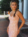 Mermaid V-neck Sleeveless Pink Lace Backless Prom Dresses With Straps PDG96