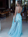 A-Line V-Neck Backless Light Blue Prom Dress with Appliques PDL75