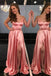 A-Line Spaghetti Straps Sweep Train Pink Prom Dress with Split PDN18