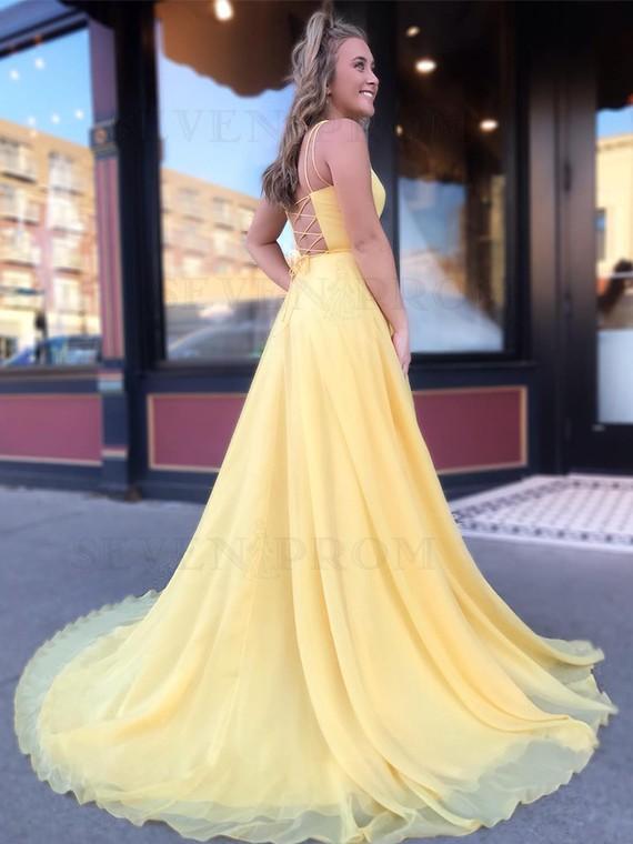 Yellow Long Chiffon A Line Prom Dresses 2020 with Lace Up Back PDS51