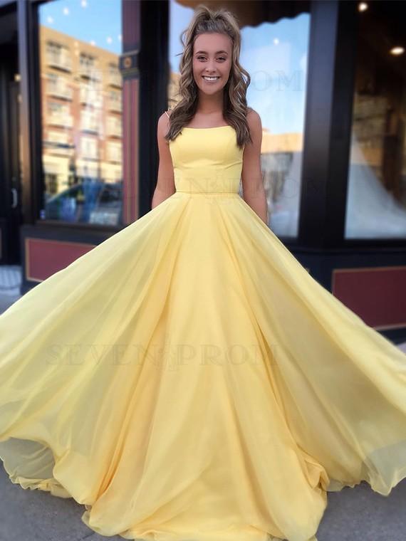 Yellow Long Chiffon A Line Prom Dresses 2020 with Lace Up Back PDS51