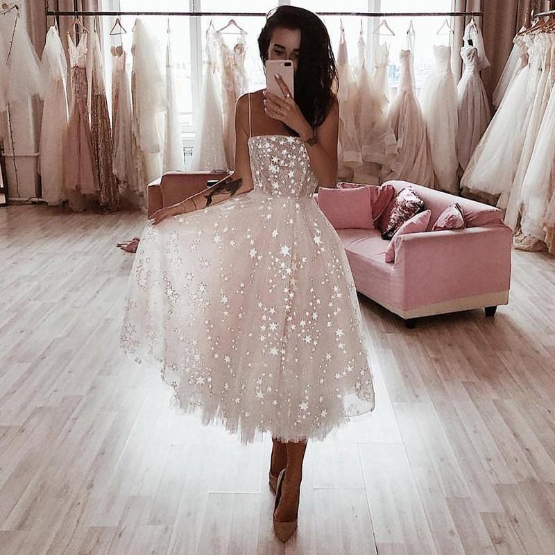 A Line Spaghetti Straps Tea Length Pearl Pink Prom Wedding Dress With Stars PDK73