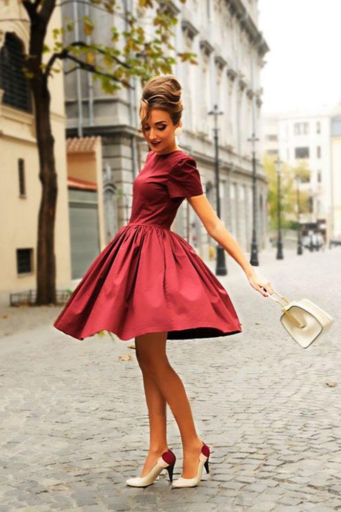 Cute A Line Short Sleeves Burgundy Homecoming Dresses, Elegant Evening Dresses PPD59
