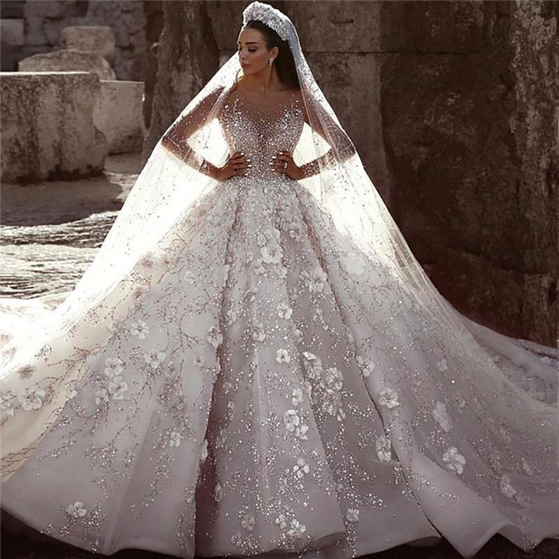 Luxurious Long Sleeves Flowers Ball  Gown Wedding Dress, Bridal Dresses PDQ25