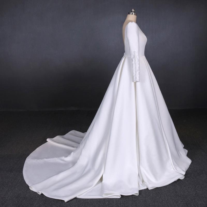 Simple A Line Long Sleeves Satin Wedding Dress, New Arrival White Long Bridal Gown PDQ13