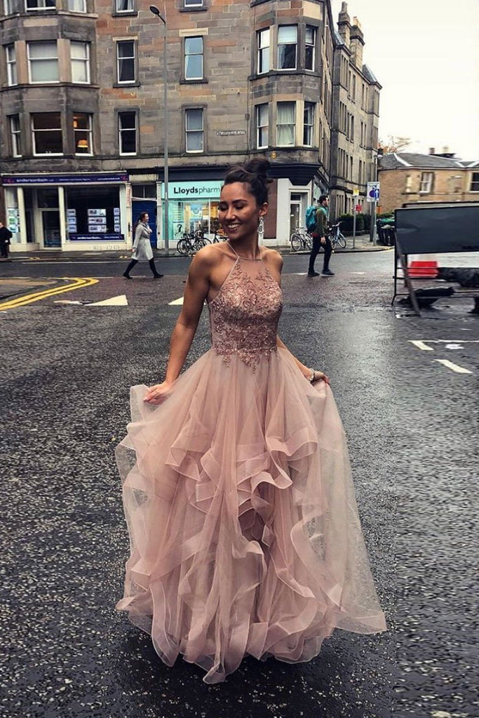 Pink Tulle Lace Appliques Long Prom Dress A Line Evening Gown PDS67