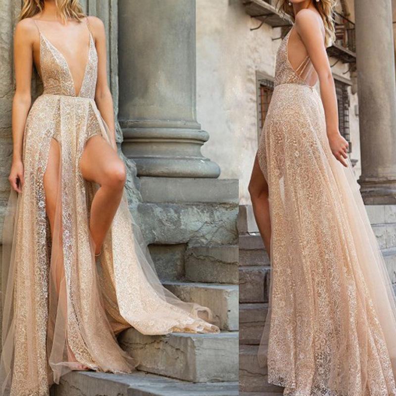 Sexy Lace Spaghetti Straps Backless Long Prom Dress PDP67
